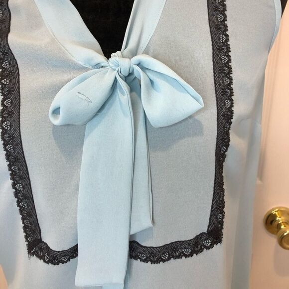 Petticoat Alley blue button down sheer bow blouse - Picture 2 of 11